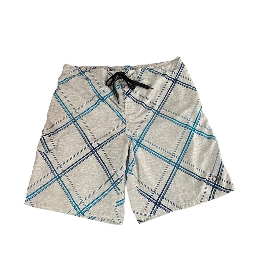 OP Ocean Pacific Swim Trunks Gray Teal Plaid Board Shorts Mens XL 40 42 Surf